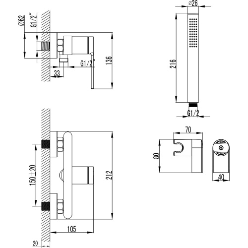 фото смеситель для душа azario vincente с ручным душем, керамический картридж, без излива, графит (az-vrz338326aj)