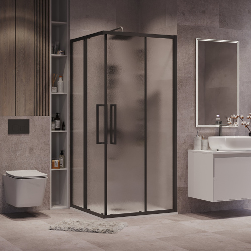 картинка Душ.ограждение 300.K33.02.8080.21.02 Cosmo (80*80*195) квадрат,раздвижн,черн. матов,стекло шиншилла от магазина Сантехстрой