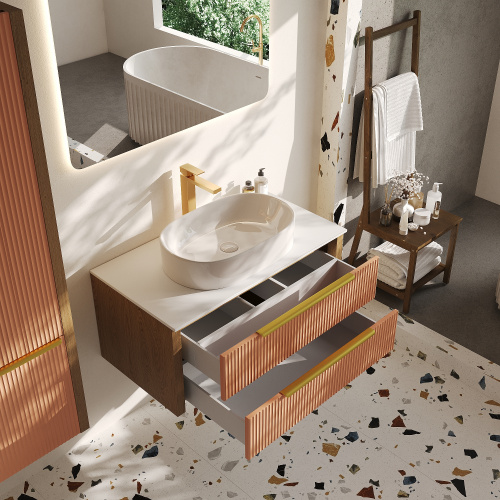 картинка Тумба со столешницей Валенсия 100, Бежево-розовый / Столешница компакт-плита, Белая от магазина Сантехстрой