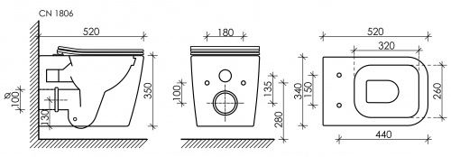 картинка CN1806 Подвесной унитаз CUBIC Rimless, с крепежом, с сиденьем-крышкой с микролифтом от магазина Сантехстрой