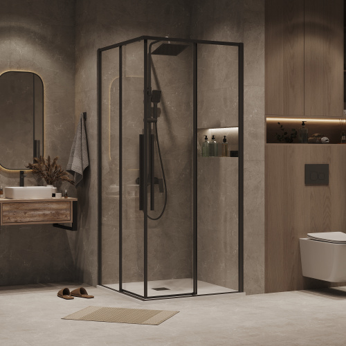 картинка Душевая перегородка 1/2 Grossman Galaxy 1/2.K33.01.11.21.00 (110х195) черный матовый,стекло прозрачное, 1 место от магазина Сантехстрой