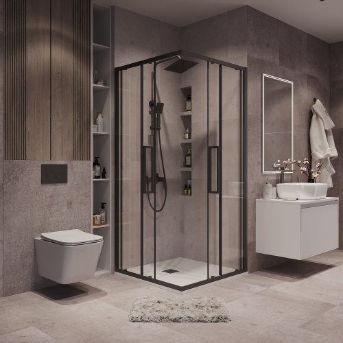 картинка Душевое ограждение Grossman Cosmo 300.K33.02.9090.21.00 (90х90х195) квадрат,раздвижная,черный матовый,стекло прозрачное, 1 место от магазина Сантехстрой