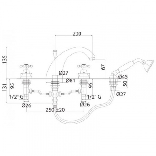 фото смеситель на борт ванны с ручным душем cezares golf golf-bvd-03/24-bi