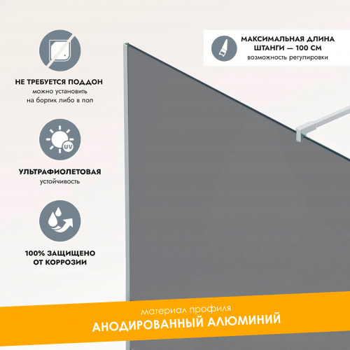картинка Душевая перегородка, ограждение Reflexion RX20090TCR-20 Walk in 200x90см, тонированное закаленное стекло 8мм, хромированный профиль от магазина Сантехстрой
