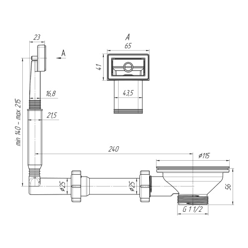 картинка Перелив для мойки Ани Пласт жесткий 3 1/2" с прямоугольным вертикальным корпусом (N305) от магазина Сантехстрой