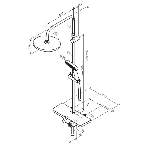 картинка 947760300 Apollo душевая система с ванно-душевым ТМС смесителем-полкой, черный от магазина Сантехстрой