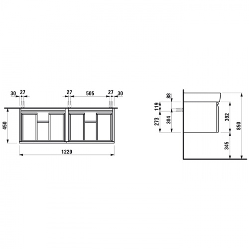 картинка Laufen Pro База подвесная 1220x450x390 мм под раковину  8.1496.7, 2 выдв ящика с органайзером,  цвет белый глянцевый от магазина Сантехстрой