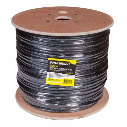 картинка Кабель витая пара F/UTP,  CAT 5e, PE,  4PR,  24AWG, OUTDOOR, SOLID,  черный,  с тросом,  305 м,  PROconnect от магазина Сантехстрой